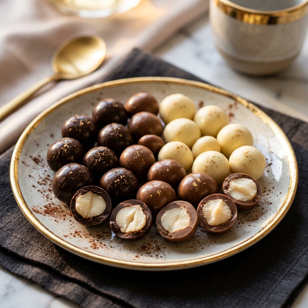 Luxury chocolate coated whole macadamias on a plate