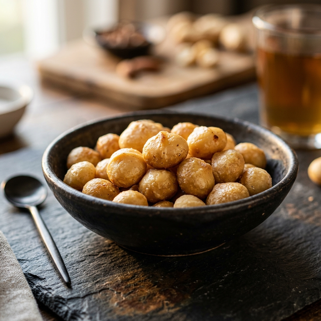 Luxurious golden Australian raw whole macadamia kernels in a rustic stone bowl