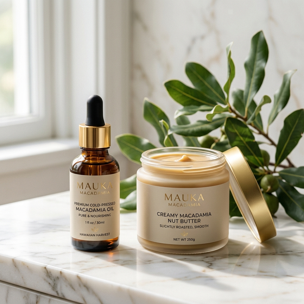 Elegant product bottle of cold-pressed macadamia oil and jar of nut butter