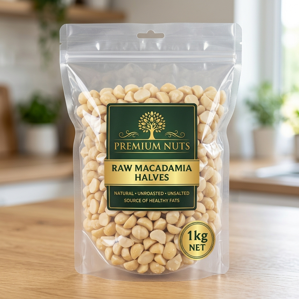 1kg value pantry pack of raw Australian macadamia halves