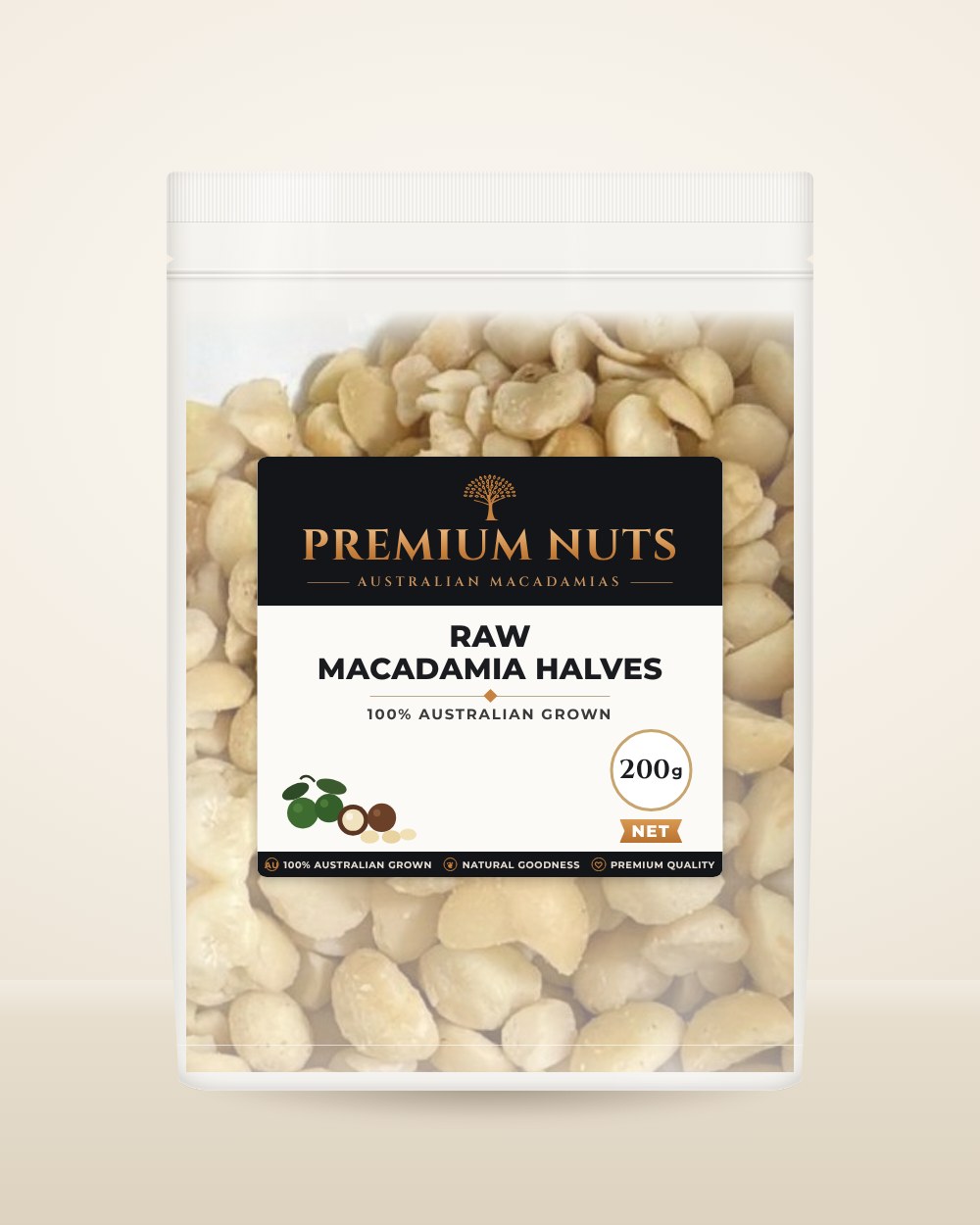 200g resealable pouch of raw Australian macadamia halves