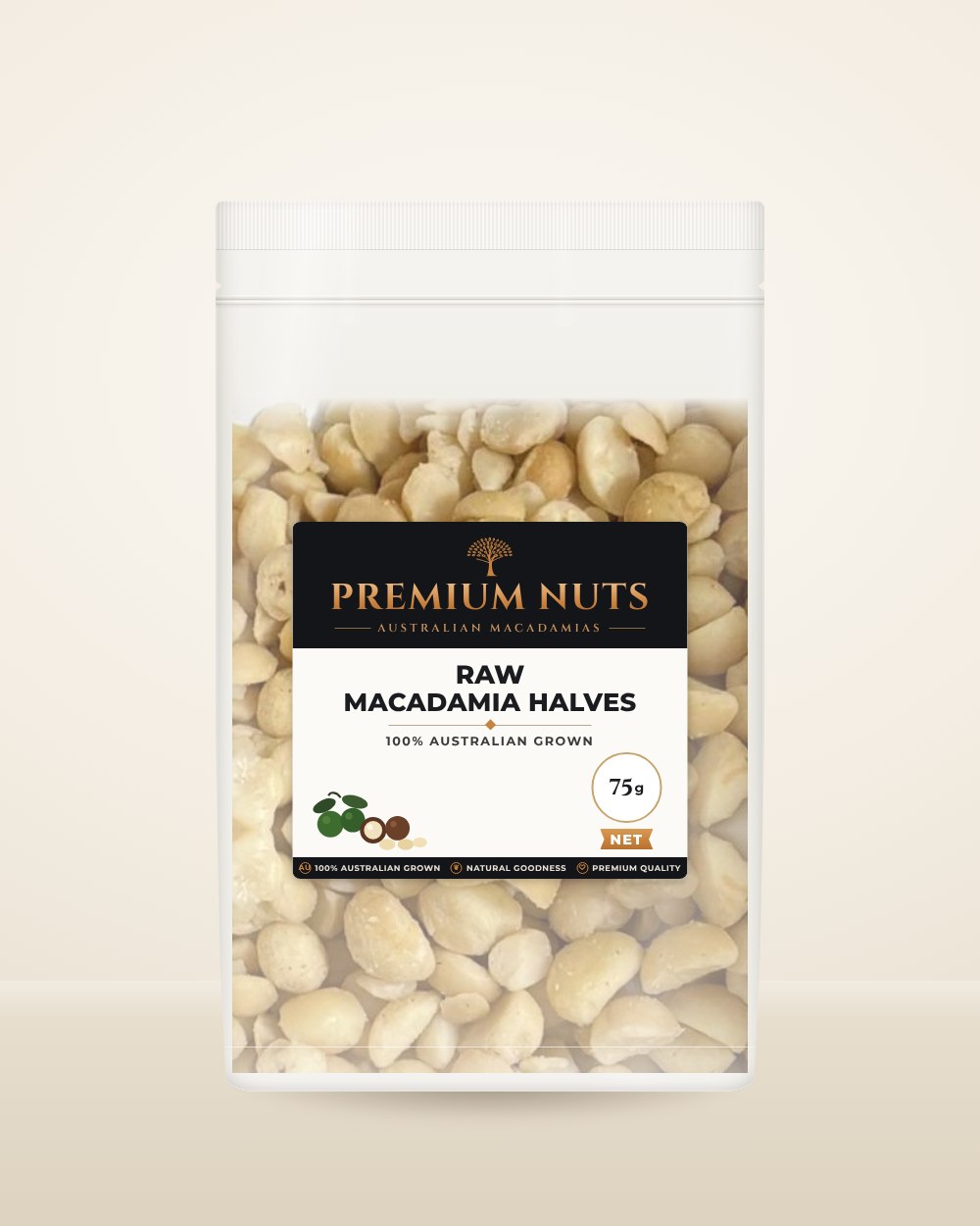 75g pouch of raw Australian macadamia halves