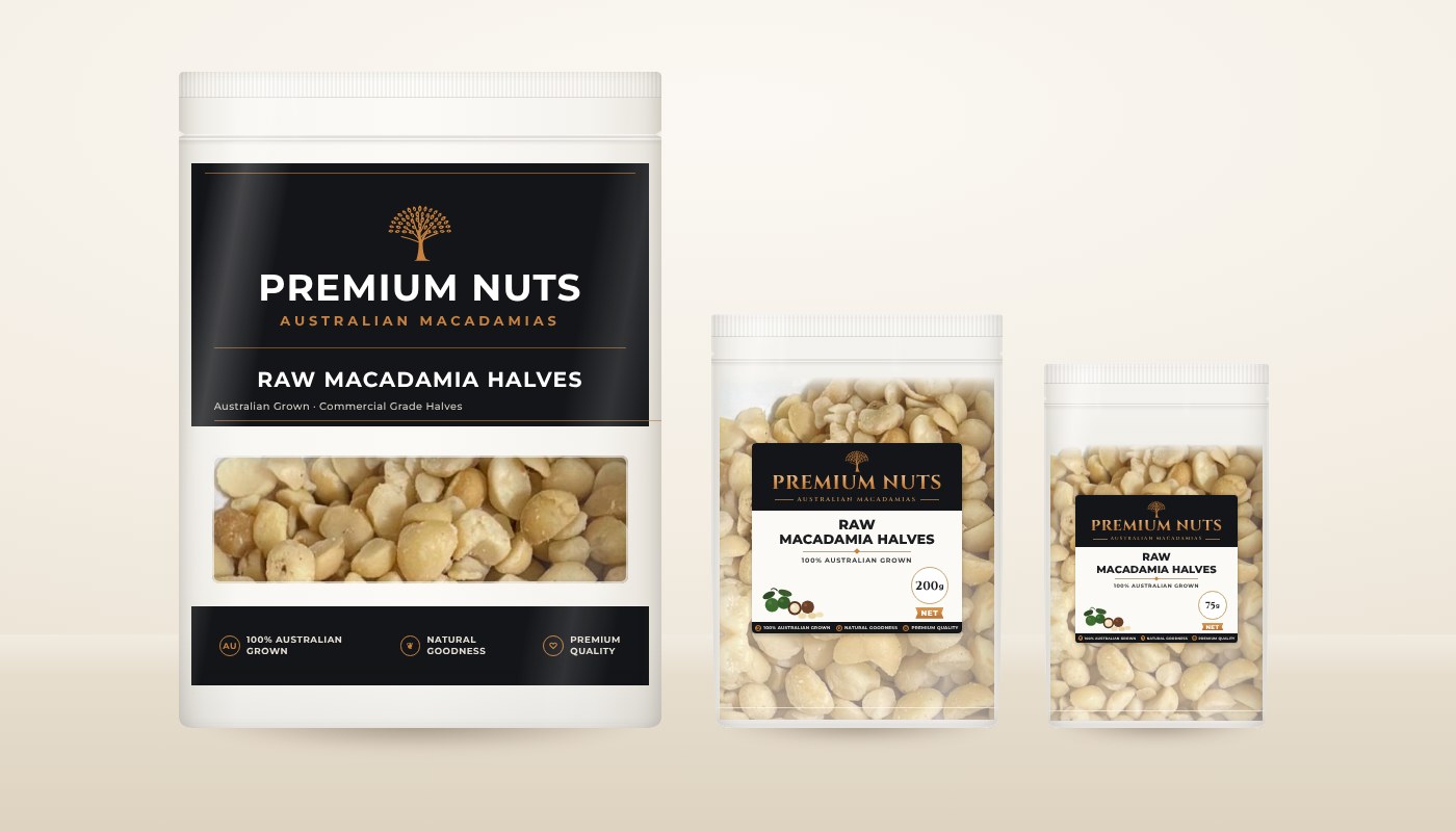 Premium Nuts range: 1kg pantry pack, 200g everyday pack and 75g mini pack